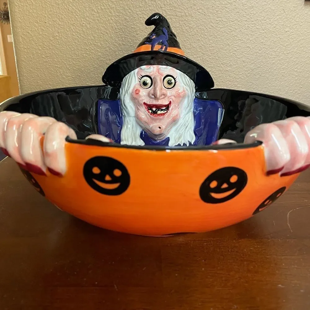 Department 56 RARE and HTF Witch Ceramic Googling Eyes Big Halloween Bowl